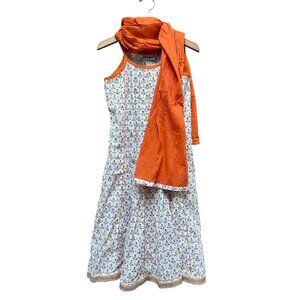 Girls Fabindia Floral Cotton Dress With Orange Scarf Size 8-10 Yrs White/Orange